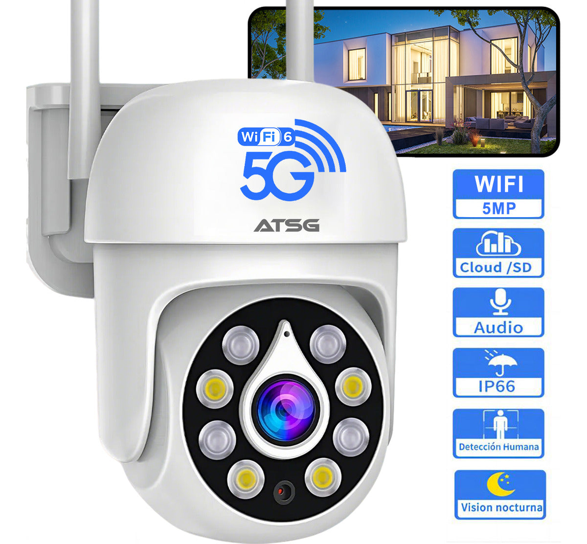 ATSG Cámara Seguridad WiFi 5MP Visión Nocturna, Audio Bidireccional, IP66, PTZ